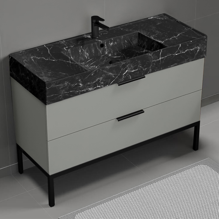 Nameeks DERIN927 Modern Bathroom Vanity With Black Marble Design Sink, Floor Standing, 48 Inch, Grey Mist